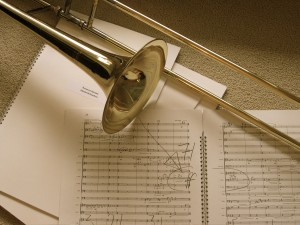 Trombone and sheets of music